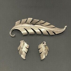 Vintage Pastelli Silver Leaf Brooch And Clip Earrings